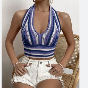 Verdusa Striped Crochet Halter Neck Top - Blue and White Sz L